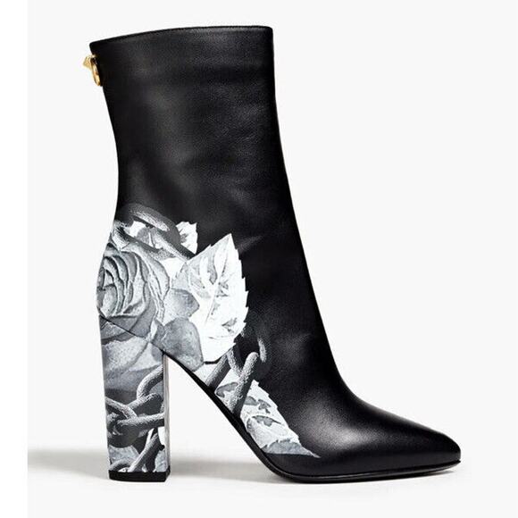 New Valentino Leather Rose Print Boots - Picture 1 of 9